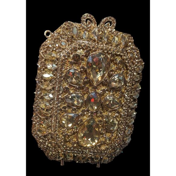 Luxury Rhinestone Encrusted Evening Bag Gold Tone With Removable Chain Strap - Picture 9 of 16